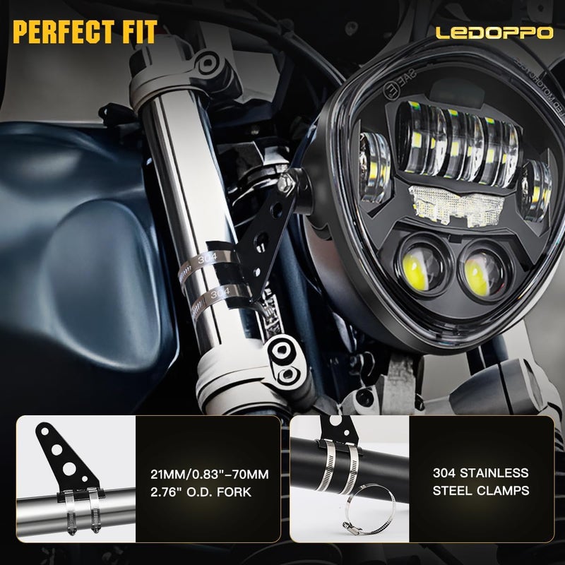 LEDOPPO 7-Inch LED Motorcycle Headlight Assembly with Clamp Mount Brackets Fits 27-57mm O.D. Forks for Cafe Racer/Chopper/Bobber/Scrambler, Features Turn Signal/DRL, Demon Eye, Hi-Low Beam - Image 5